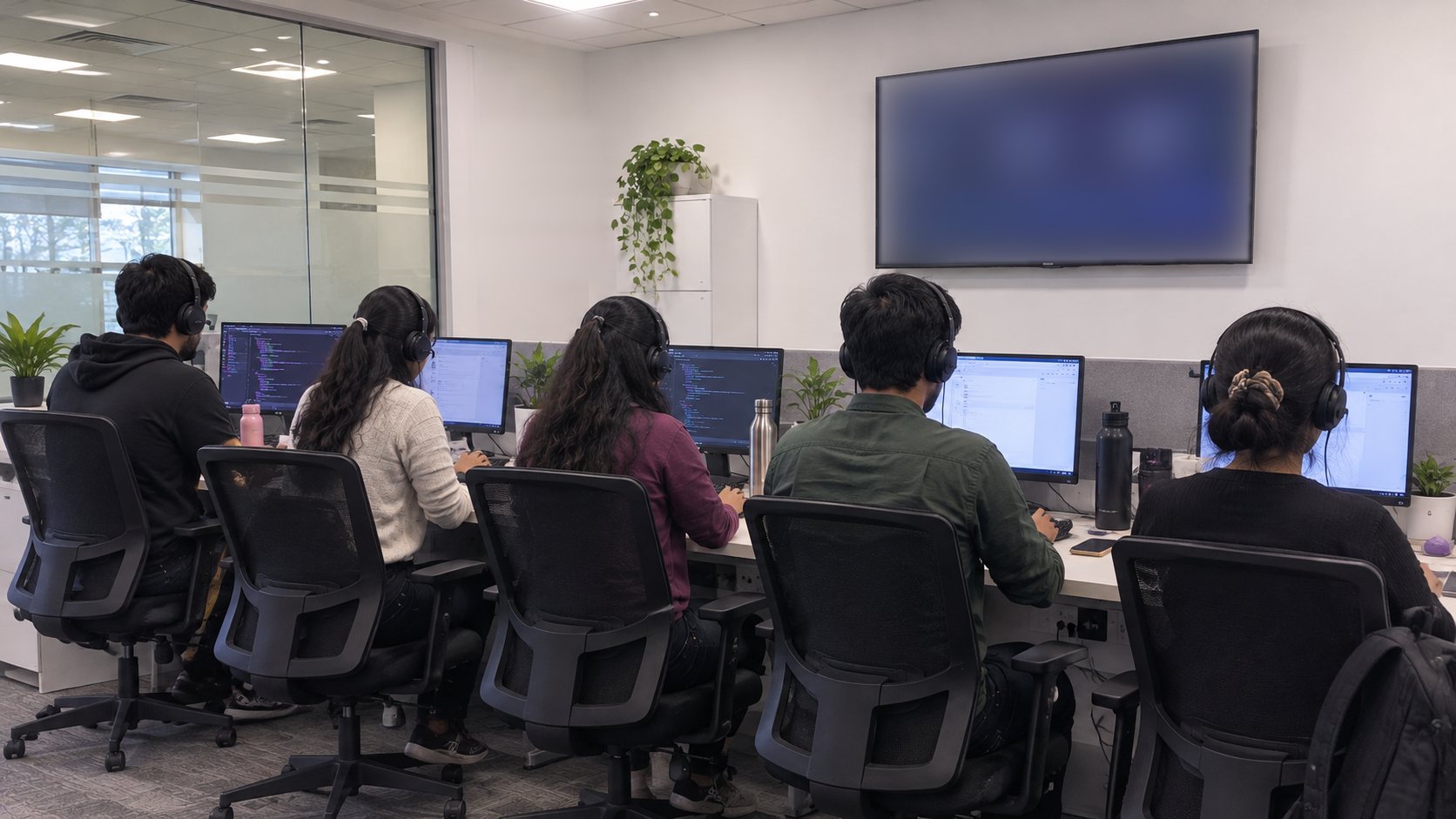 Five team members seen from behind, wearing headsets at their desks